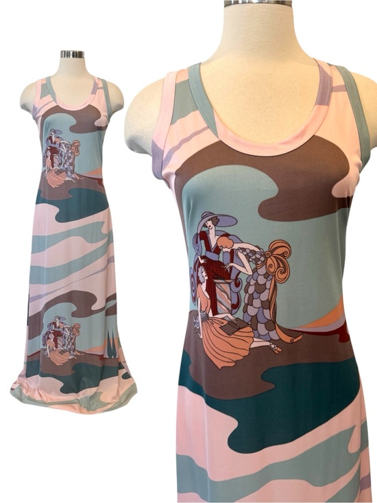 Vintage Dresses & Skirts - Amazing Vintage Art Nouveau Print Pink 60s 70s Maxi Column Gown Sleeveless Dress